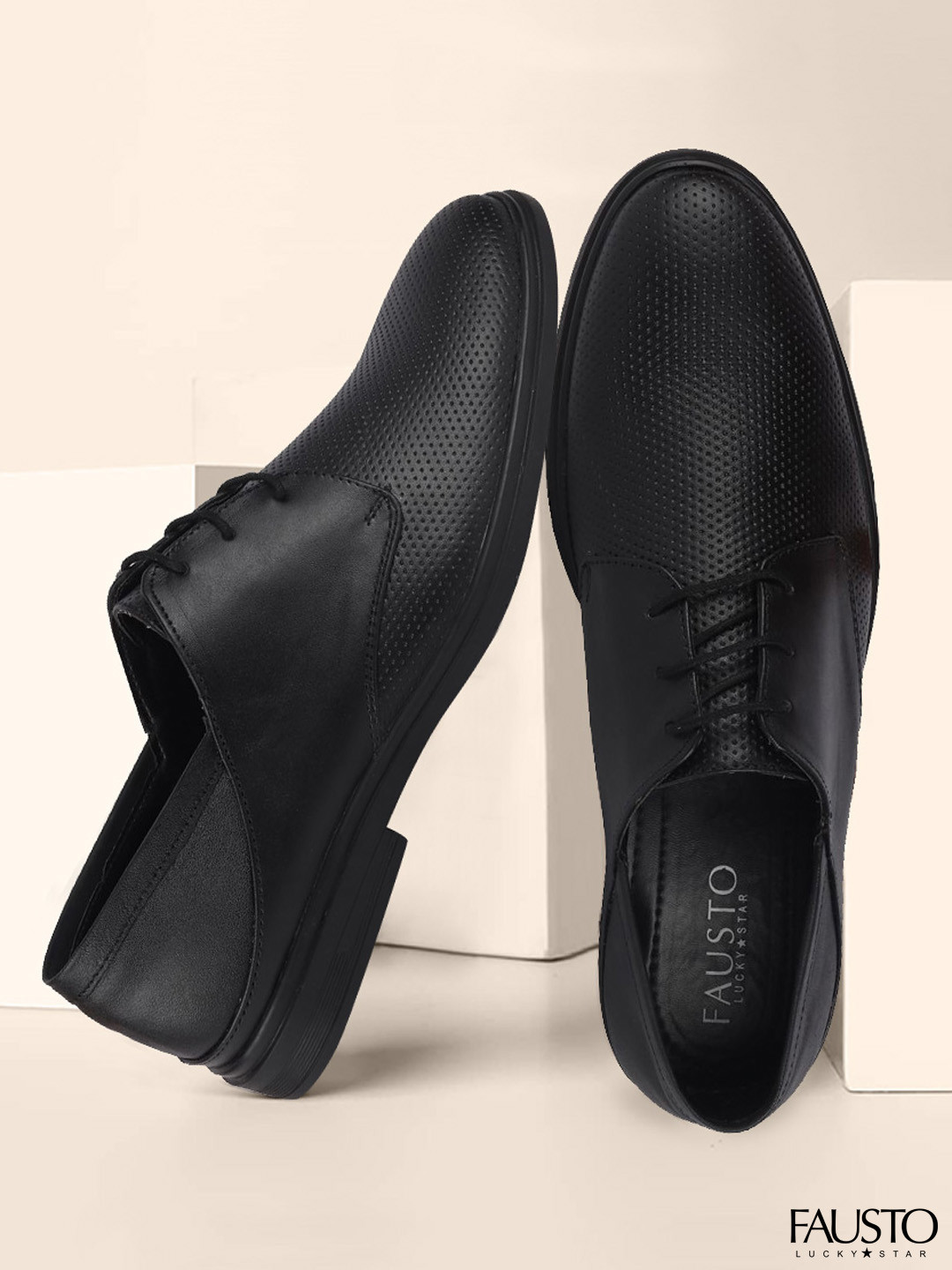 FAUSTO Men Black Formal Leather Derby Shoes