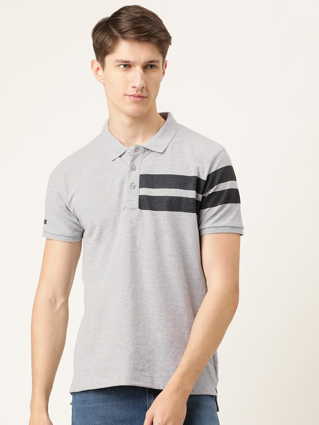 The Indian Garage Co Men Grey Melange Solid Polo Collar Pure Cotton T-shirt with Printed Detail