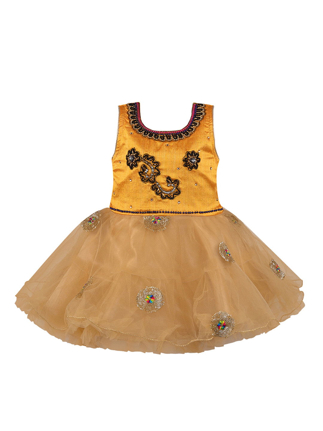 Wish Karo Girls Beige & Yellow Embroidered Fit and Flare Dress