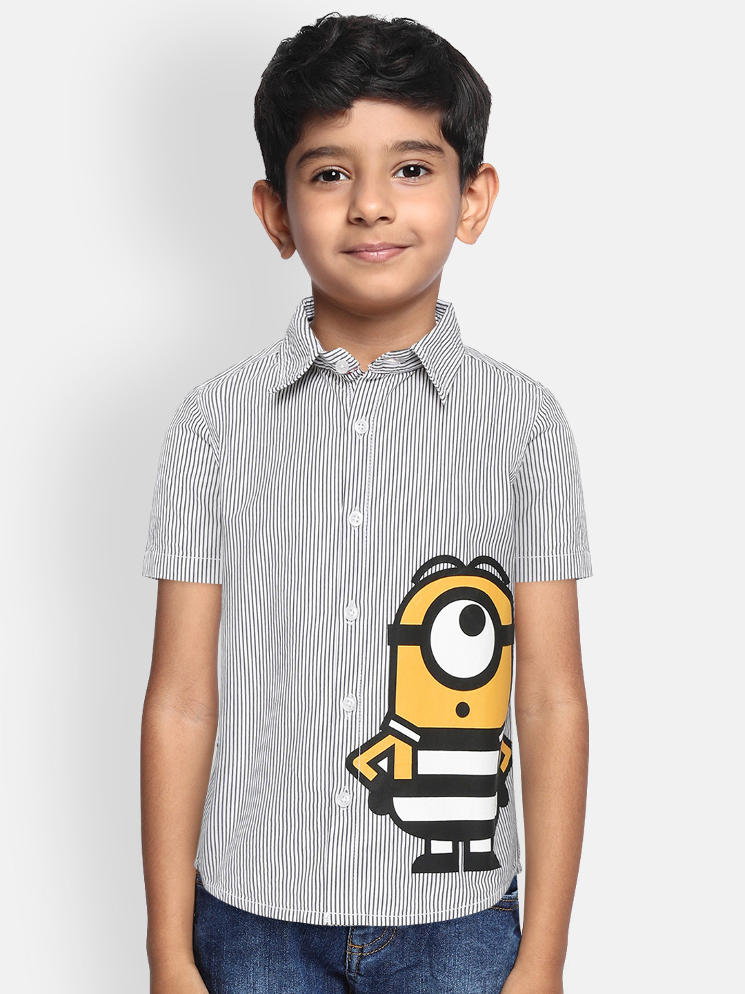 YK Minion Boys White & Black Pure Cotton Regular Fit Minions Striped Casual Shirt