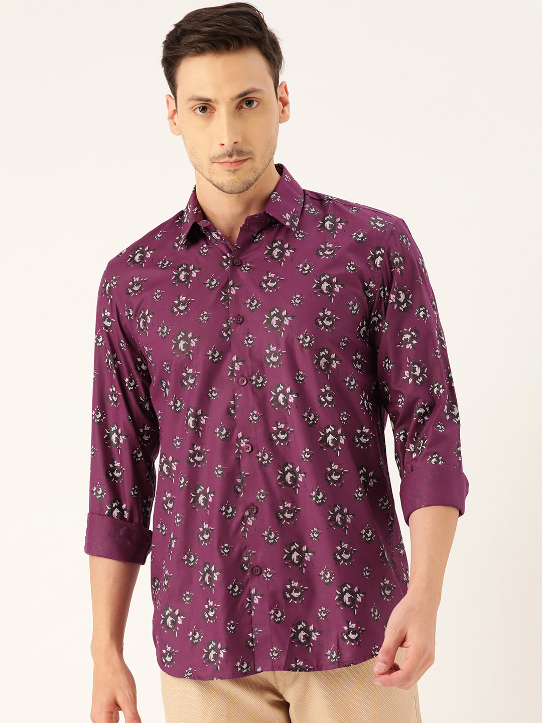 SOJANYA Men Purple & Black Classic Regular Fit Floral Print Casual Shirt