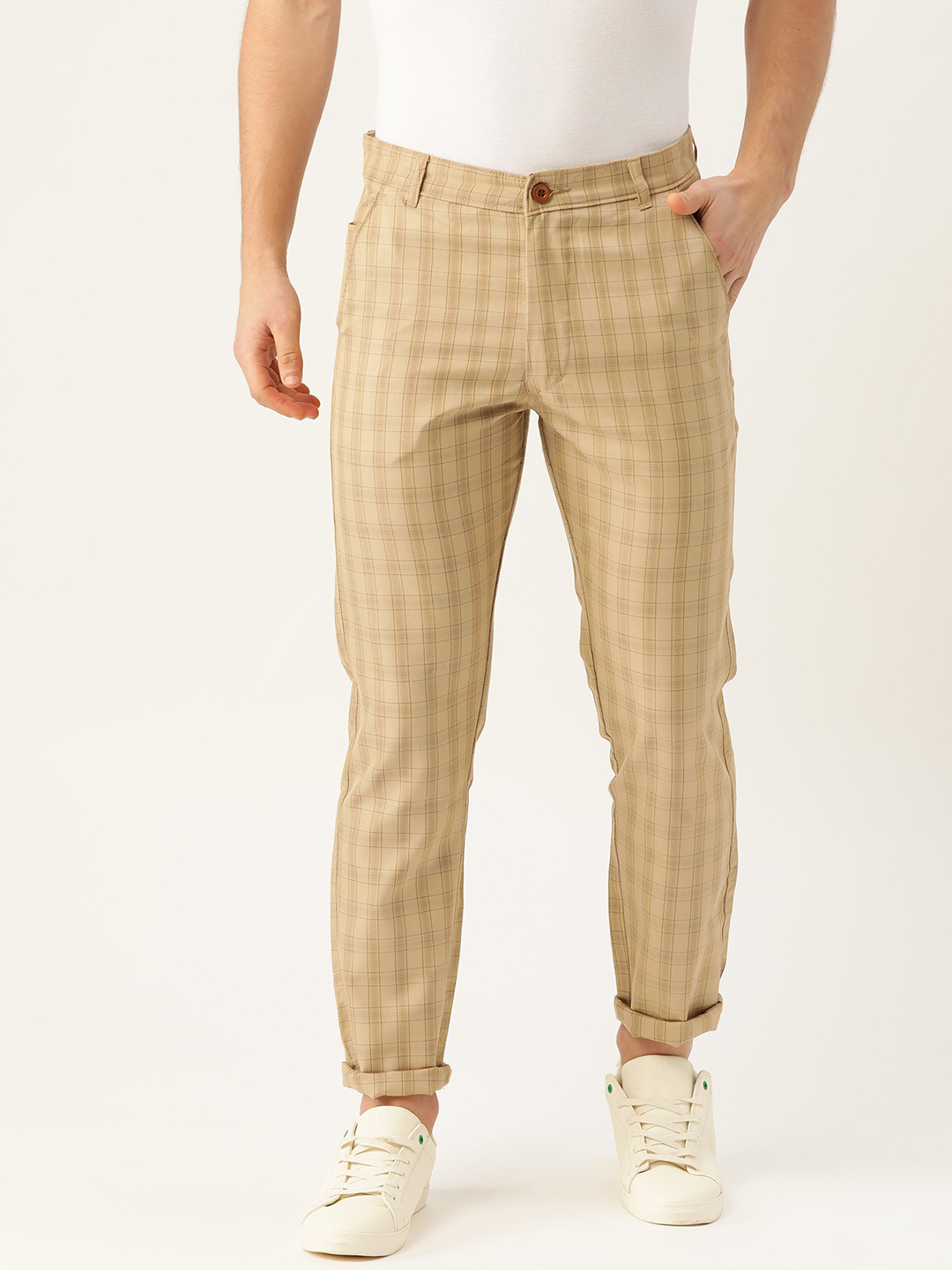 SOJANYA Men Beige Smart Fit Checked Regular Trousers