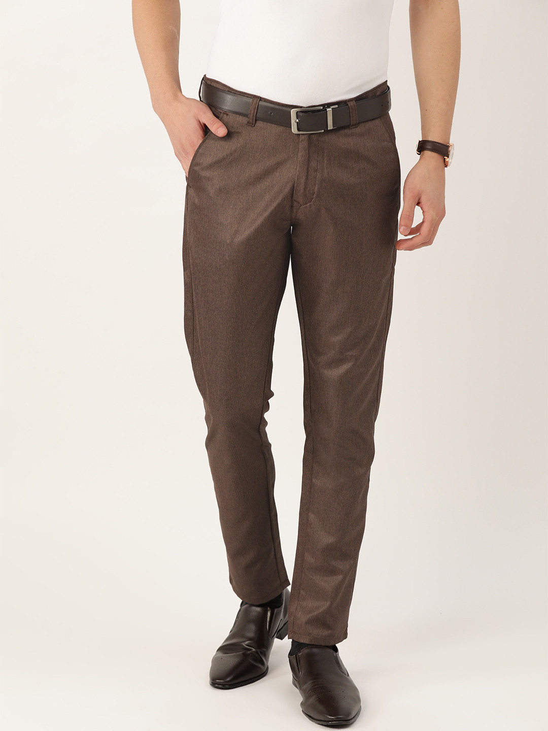 SOJANYA Men Brown Smart Fit Solid Smart Casual Trousers