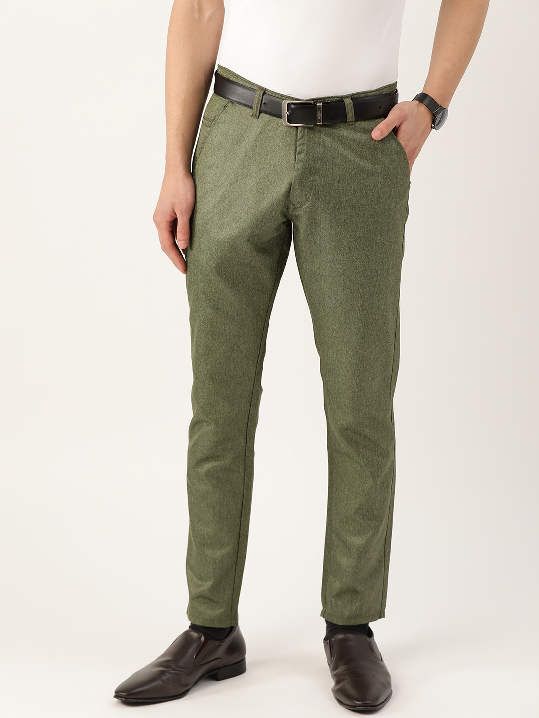 SOJANYA Men Olive Green Smart Fit Solid Regular Trousers