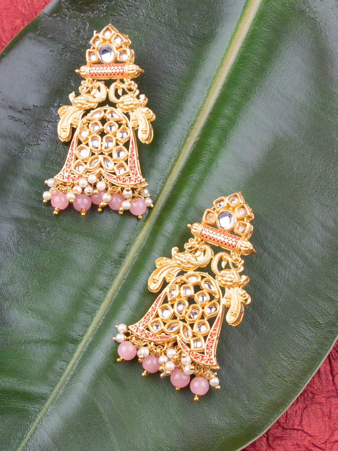 AccessHer Peach-Coloured Gold-Plated Lightweight Enamelled Kundan Classic Drop Earrings