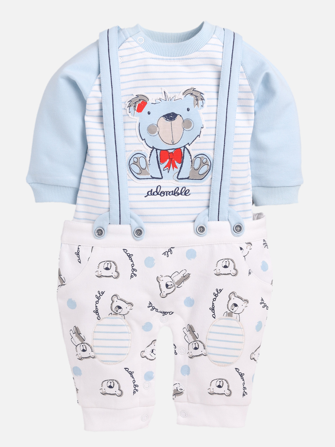 BABY GO Infant Boys Blue & White Printed Dungaree with T-Shirt