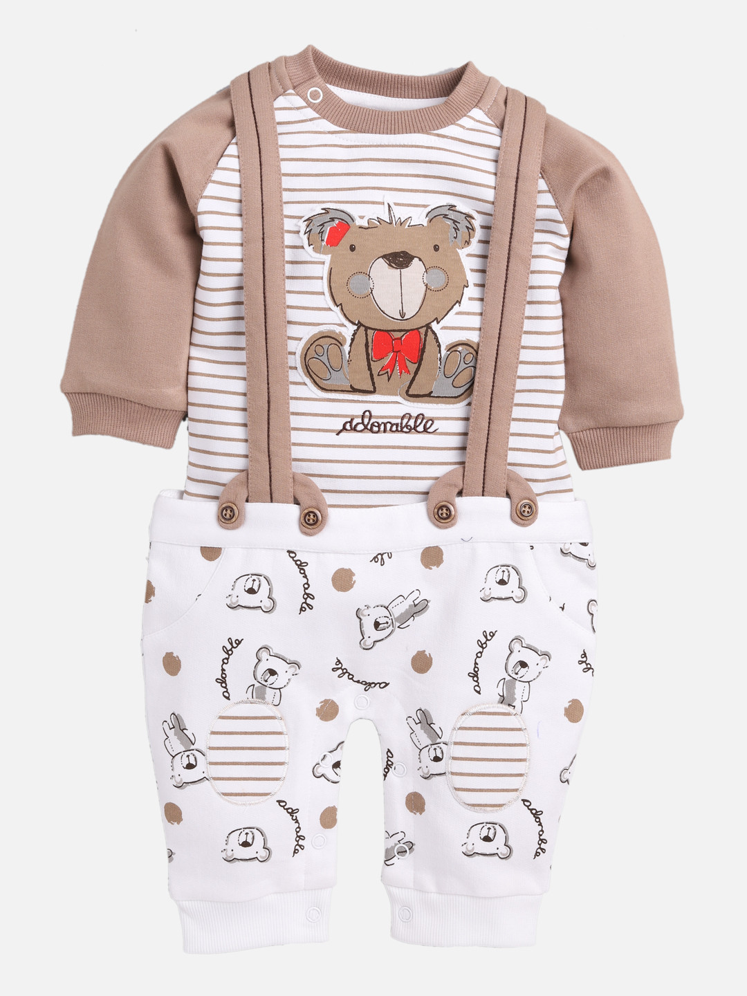 BABY GO Boys Beige And White Dungarees With T-Shirt