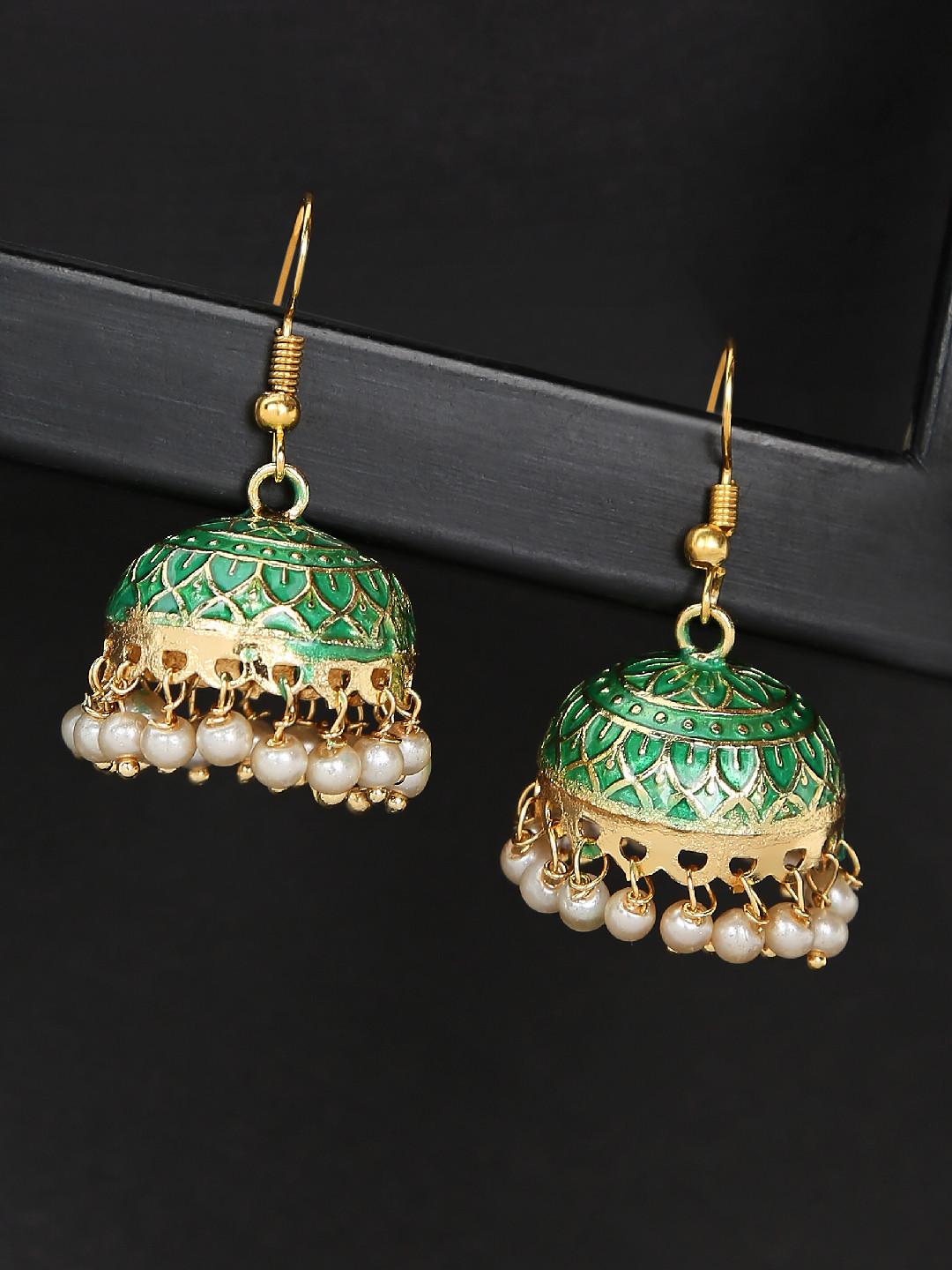 OOMPH Green & Gold-Toned Dome Shaped Jhumkas