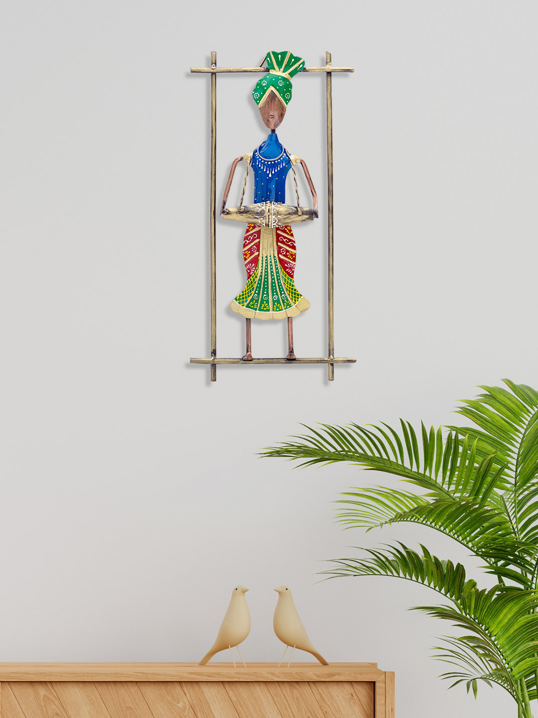 Golden Peacock Musician Man Playing Dholak Metal Ethnic Motifs Glossy Wall Hangings-14.2In