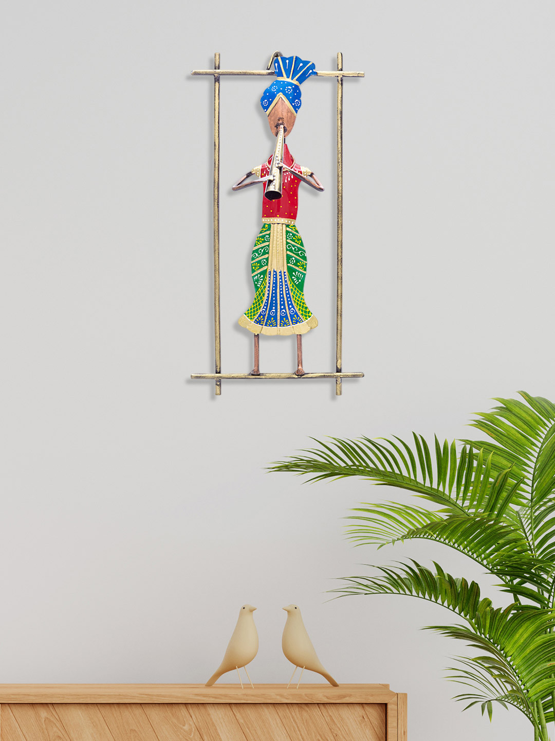 Golden Peacock Musician Man Playing Shehnai Instrument Metal Glossy Wall Hangings-14.2In