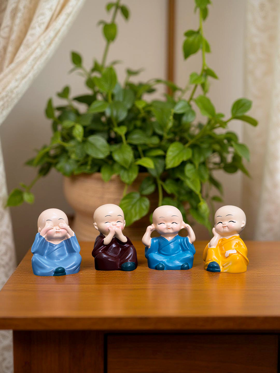 Golden Peacock Buddha Monks Burgundy Polyresin Glossy Bedroom Set of 4 Tiny Showpieces - 2.4 Inches