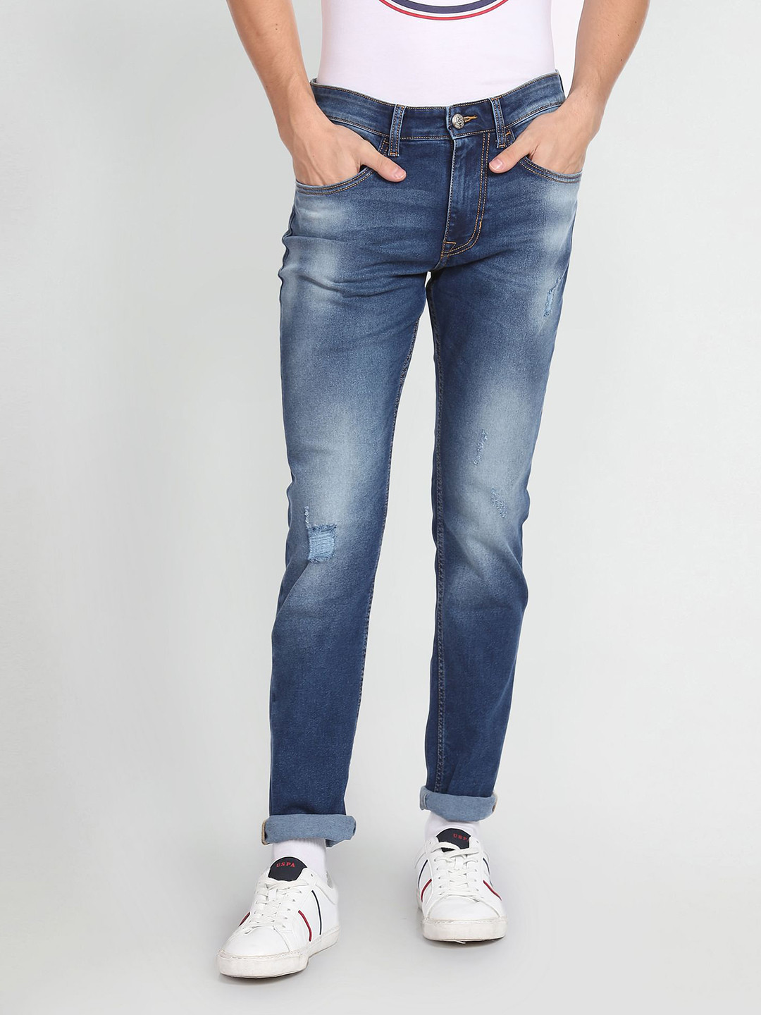 U.S. Polo Assn. Denim Co. Men Blue Slim Fit Mid-Rise Mildly Distressed Stretchable Jeans