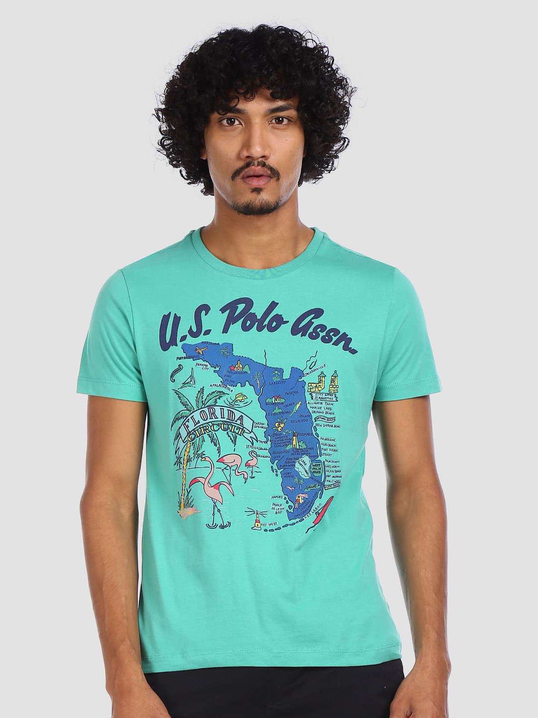 U.S. Polo Assn. Denim Co. Men Sea Green Muscle Fit Printed Round Neck Pure Cotton T-shirt