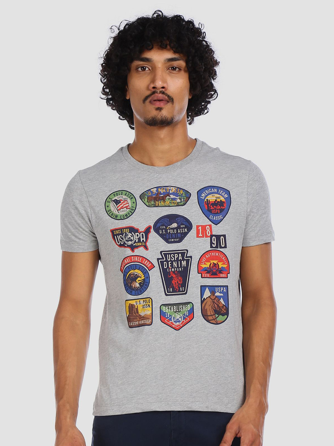 U.S. Polo Assn. Denim Co. Men Grey Melange Muscle Fit Printed Round Neck T-shirt