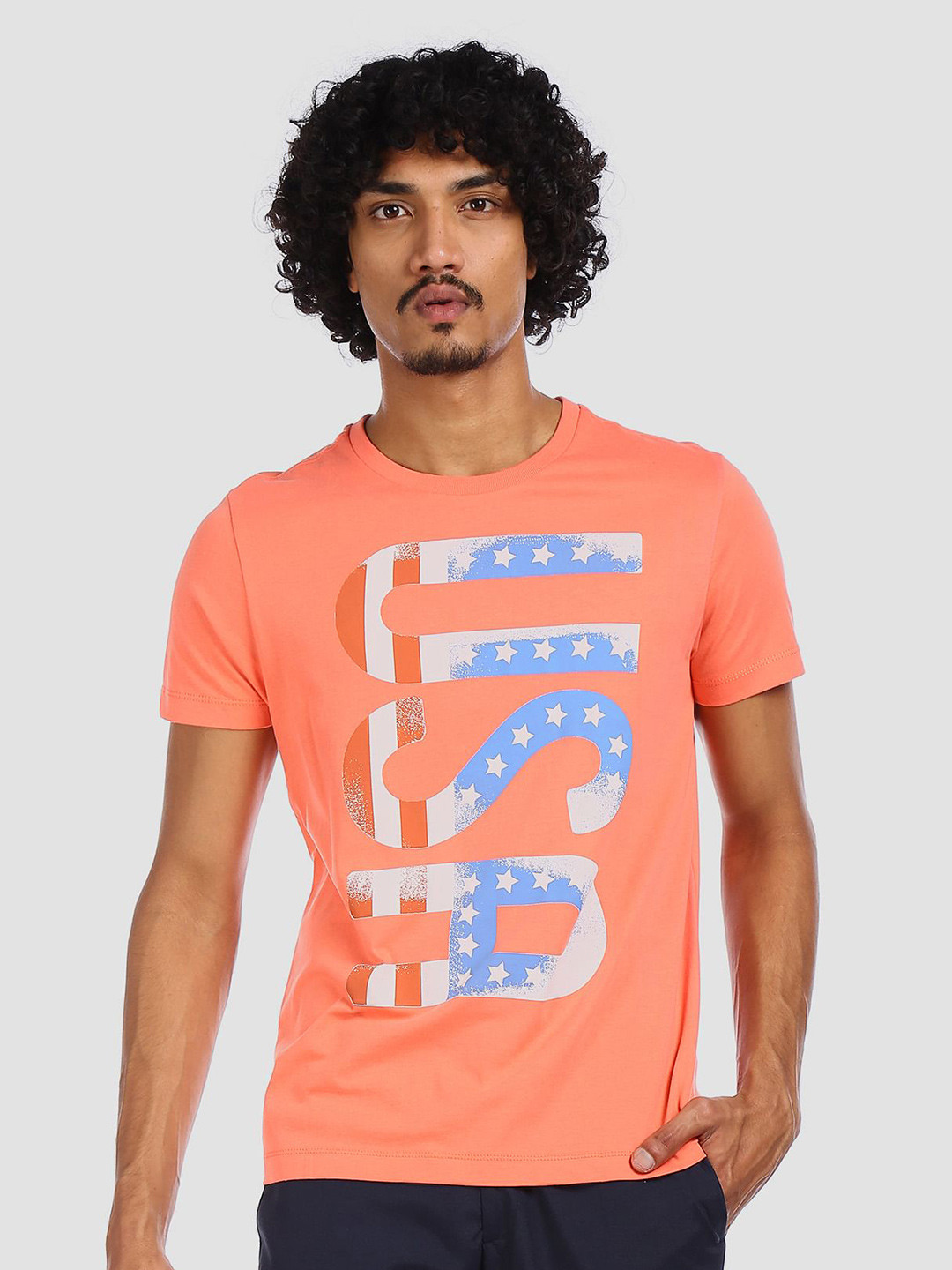 U.S. Polo Assn. Denim Co. Men Coral Orange Muscle Fit Printed Round Neck Pure Cotton T-shirt