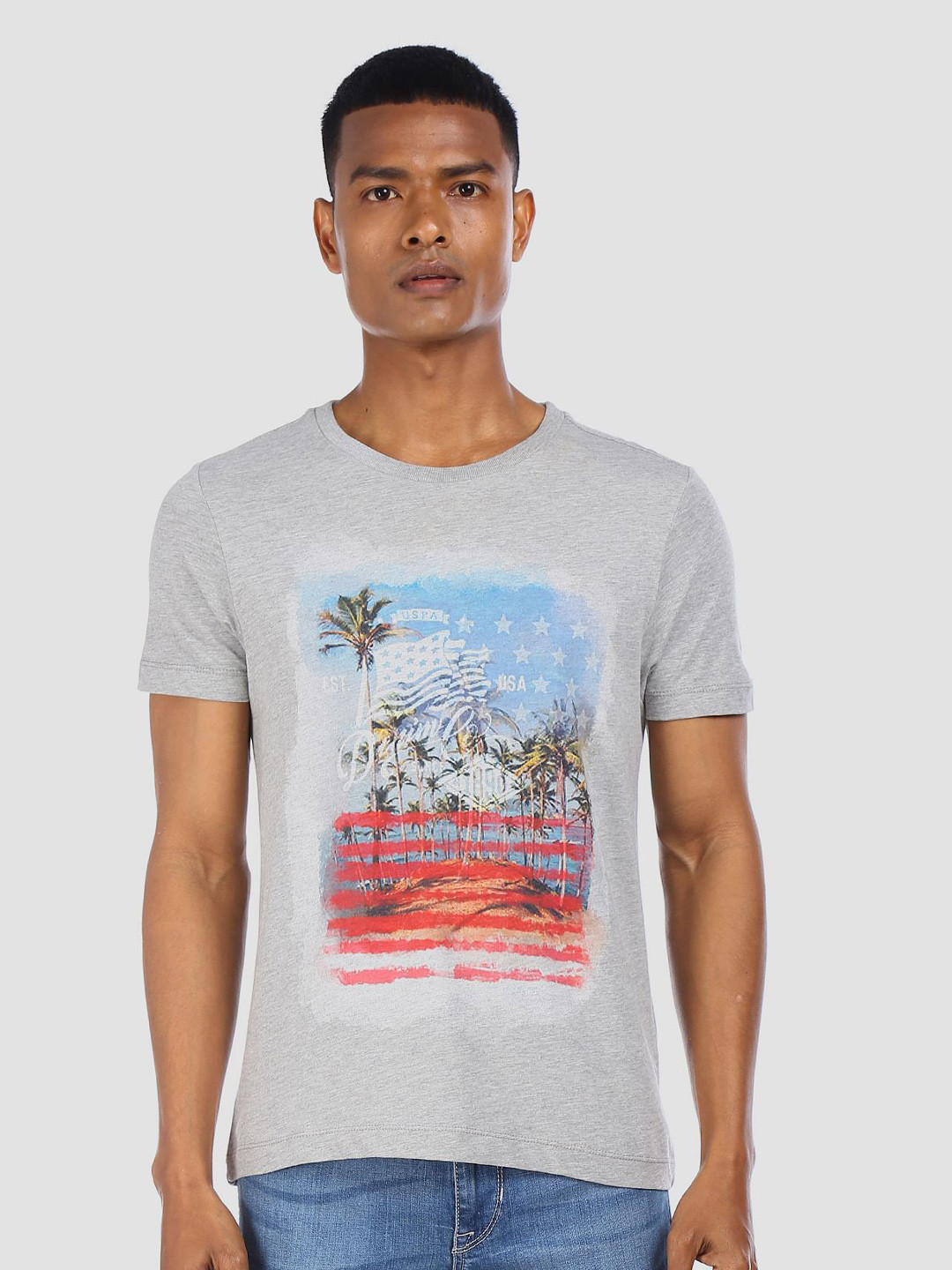 U.S. Polo Assn. Denim Co. Men Grey Melange Muscle Fit Printed Round Neck T-shirt