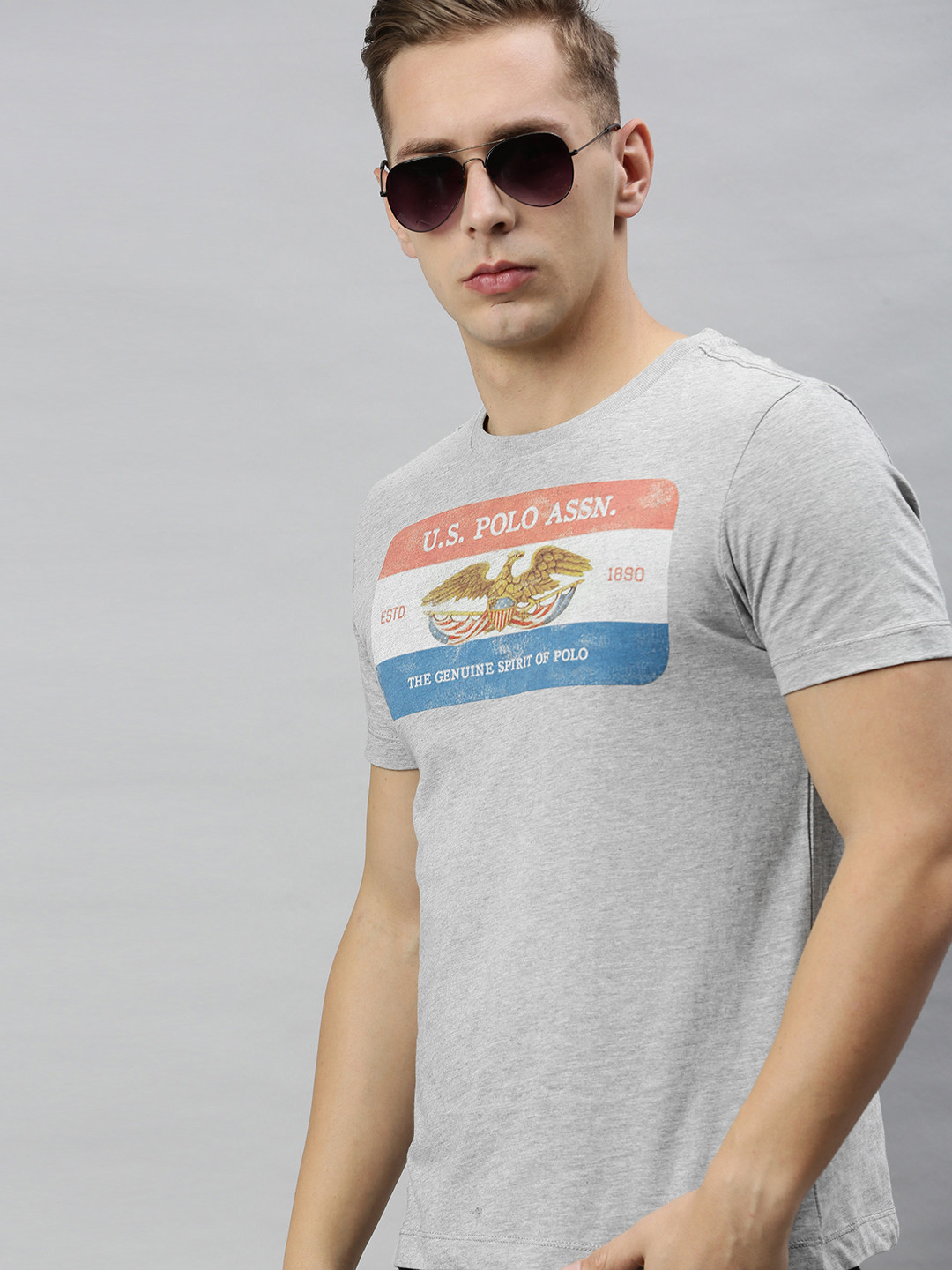U.S. Polo Assn. Denim Co. Men Grey Solid Slim Fit Round Neck T-shirt