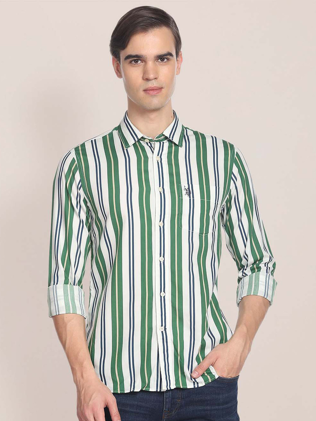 U.S. Polo Assn. Men White & Green Tailored Fit Striped Casual Shirt