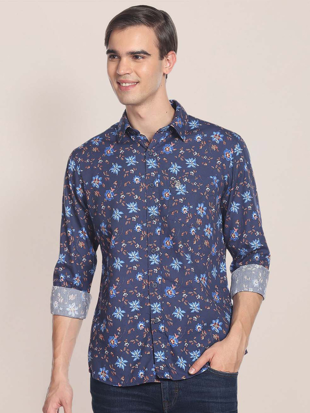 U.S. Polo Assn. Men Navy Blue & Brown Tailored Fit Floral Printed Casual Shirt