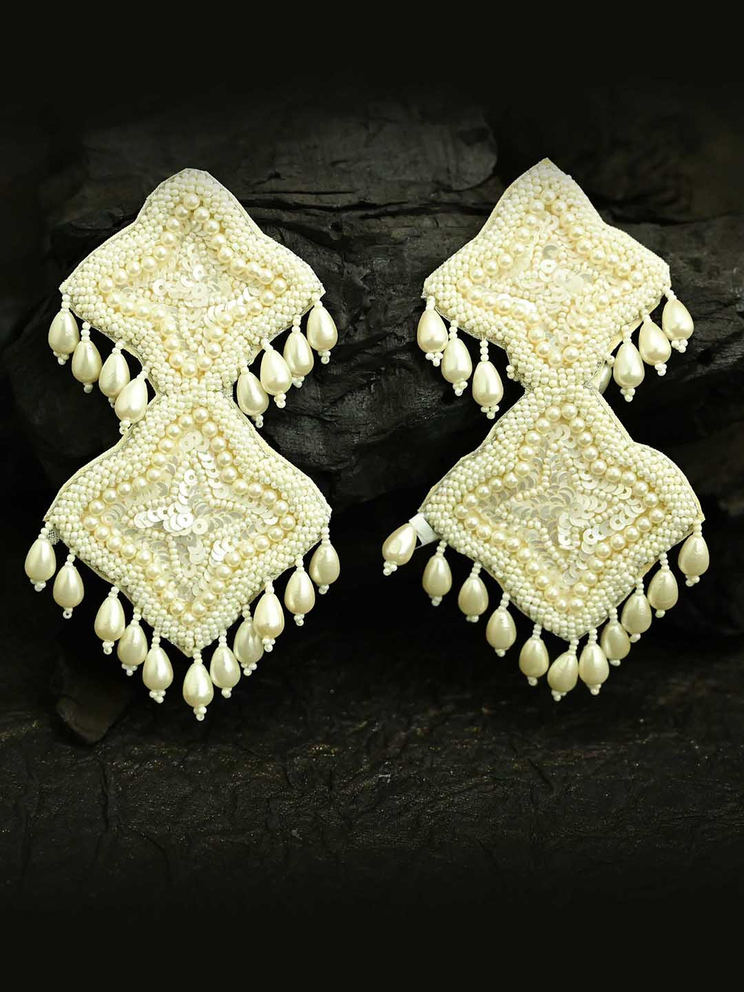 justpeachy Off-White Beads Studded Handcrafted Contemporary Drop Earrings