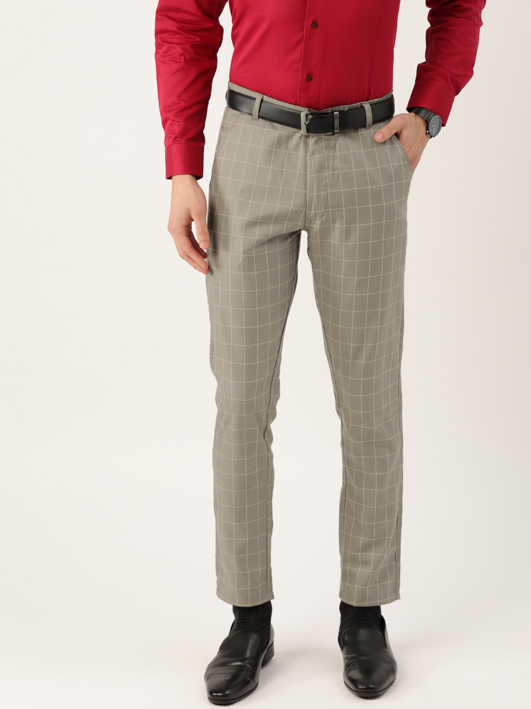 SOJANYA Men Grey & Cream-Coloured Smart Fit Checked Crop Trousers