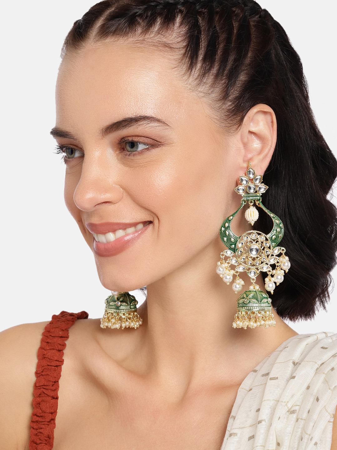 I Jewels Gold-Plated & Green Kundan Studded Drop Earrings