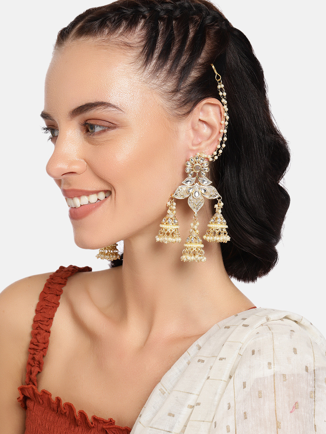 I Jewels Grey Gold-Plated Enamelled Dome Shaped Jhumkas with Earchains