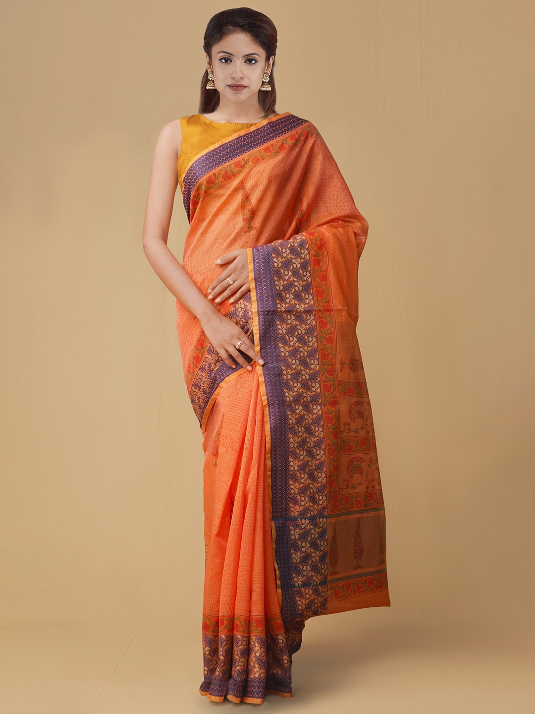 Unnati Silks Orange Printed Silk Cotton Saree