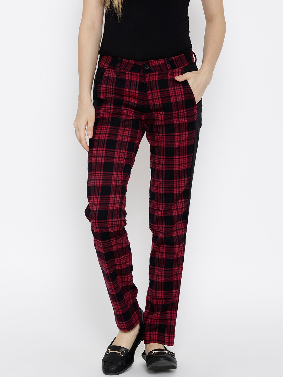 Buy MANGO Women Black  Red Checked Cropped Trousers  Trousers for Women  7098492  Myntra