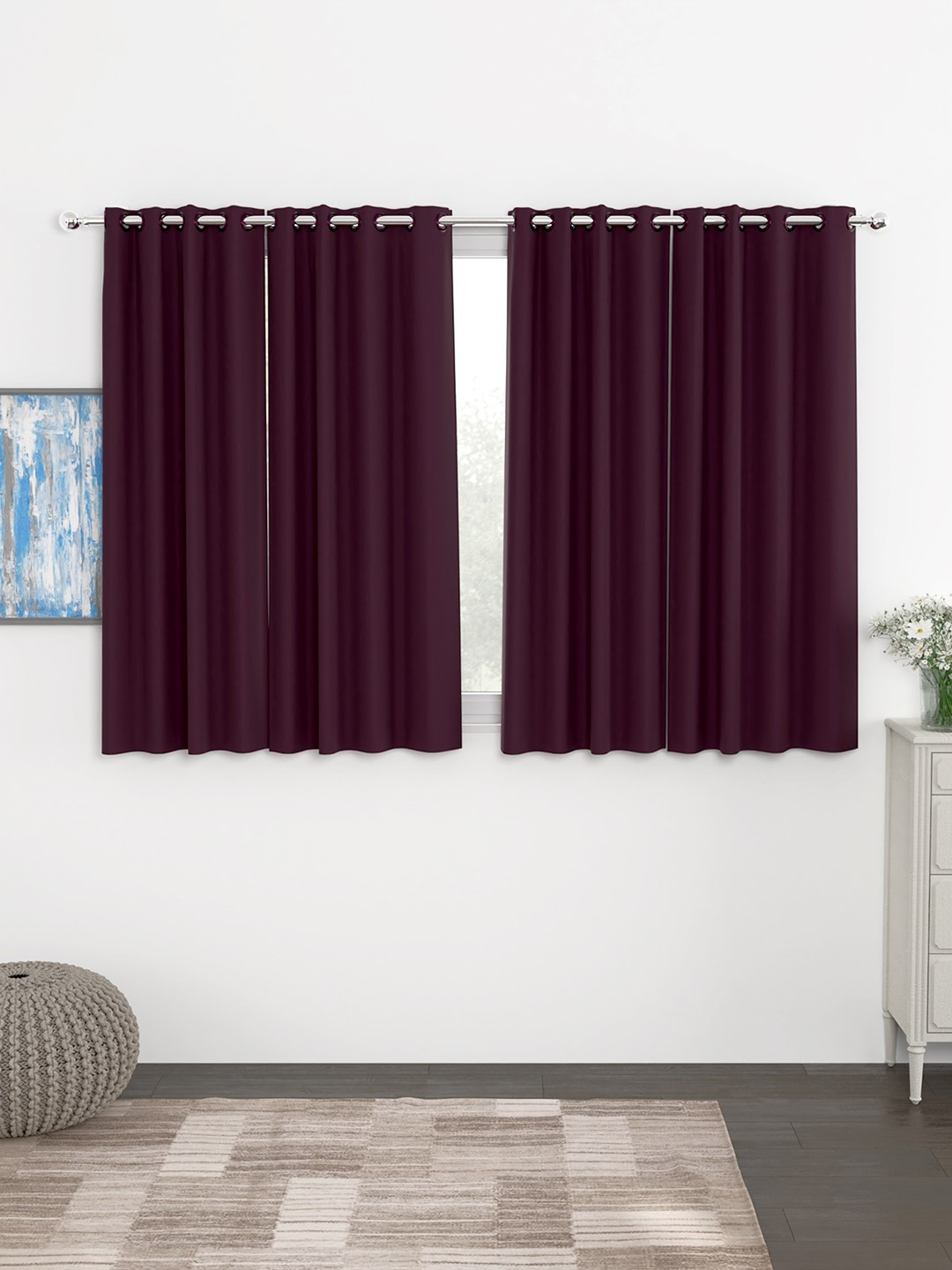 Story@Home Faux Silk Solid Solid 300GSM Purple Room Darkening Blackout Window Curtain - Set Of 4