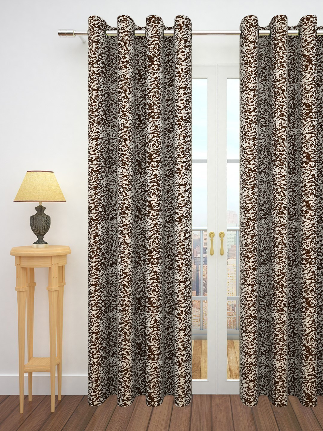 Story@home Coffee Brown & White 300GSM Semi Blackout Jacquard Eyelet Ringtop Single Door Curtain