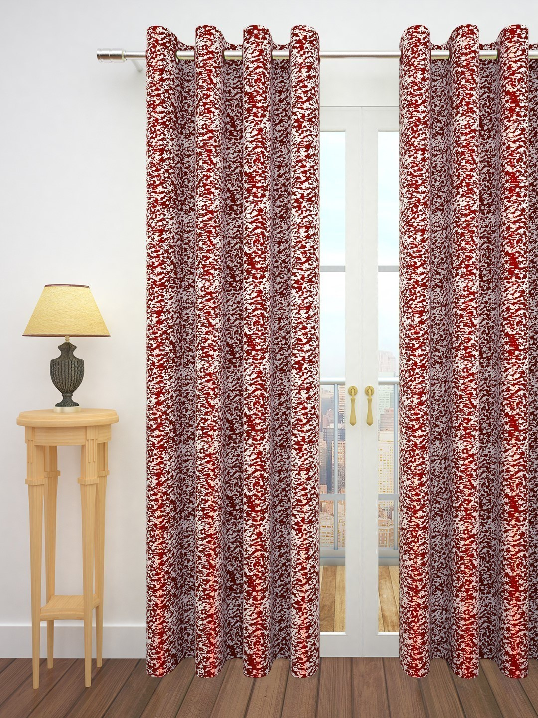 Story@home Maroon & White 300GSM Semi Blackout Jacquard Eyelet Ringtop Door Curtain