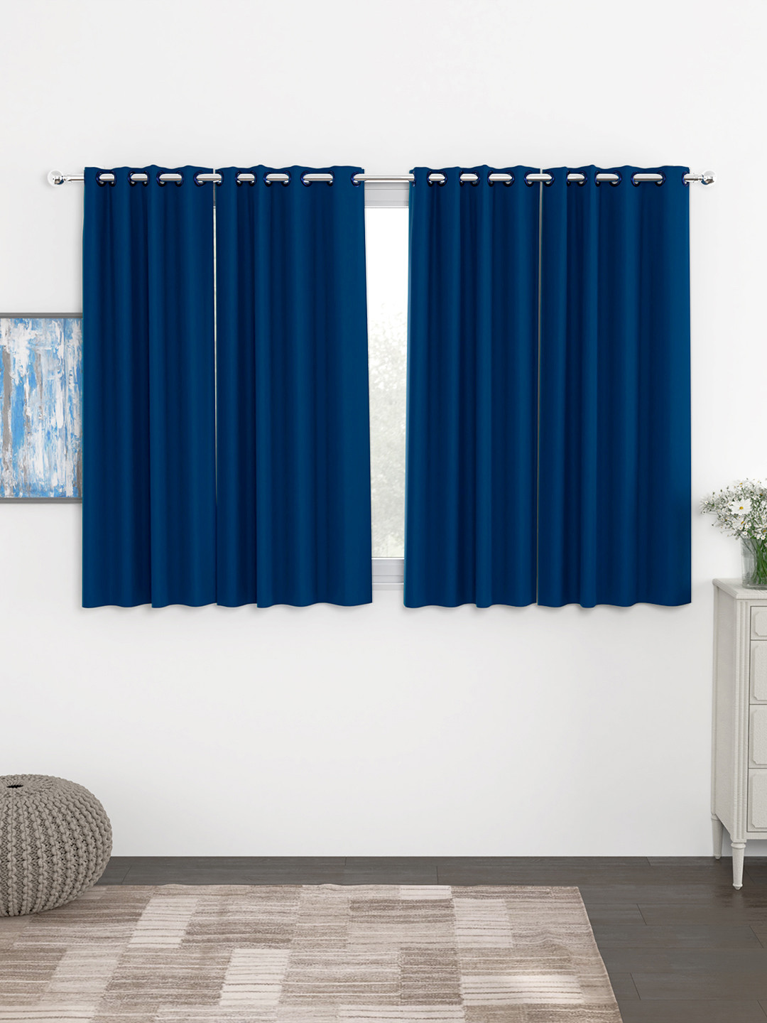 Story@Home Faux Silk Solid Solid 300GSM Navy Blue Room Darkening Blackout Window Curtain - Set Of 4