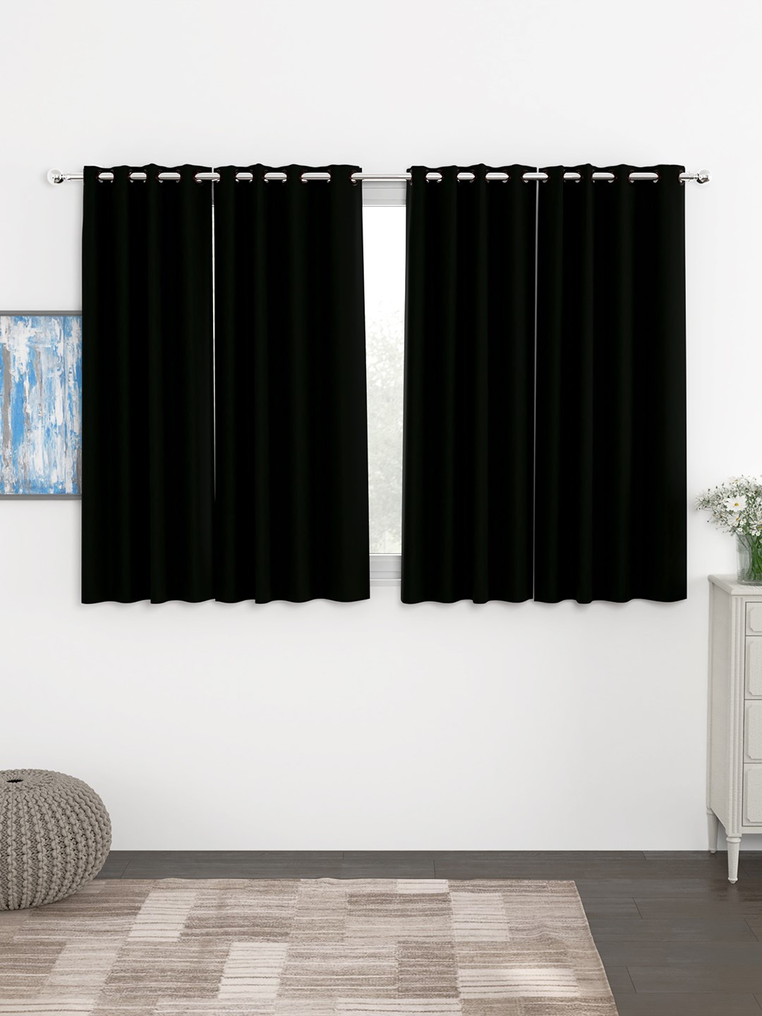 Story@Home Faux Silk Solid Solid 300GSM Black Room Darkening Blackout Window Curtain - Set Of 4