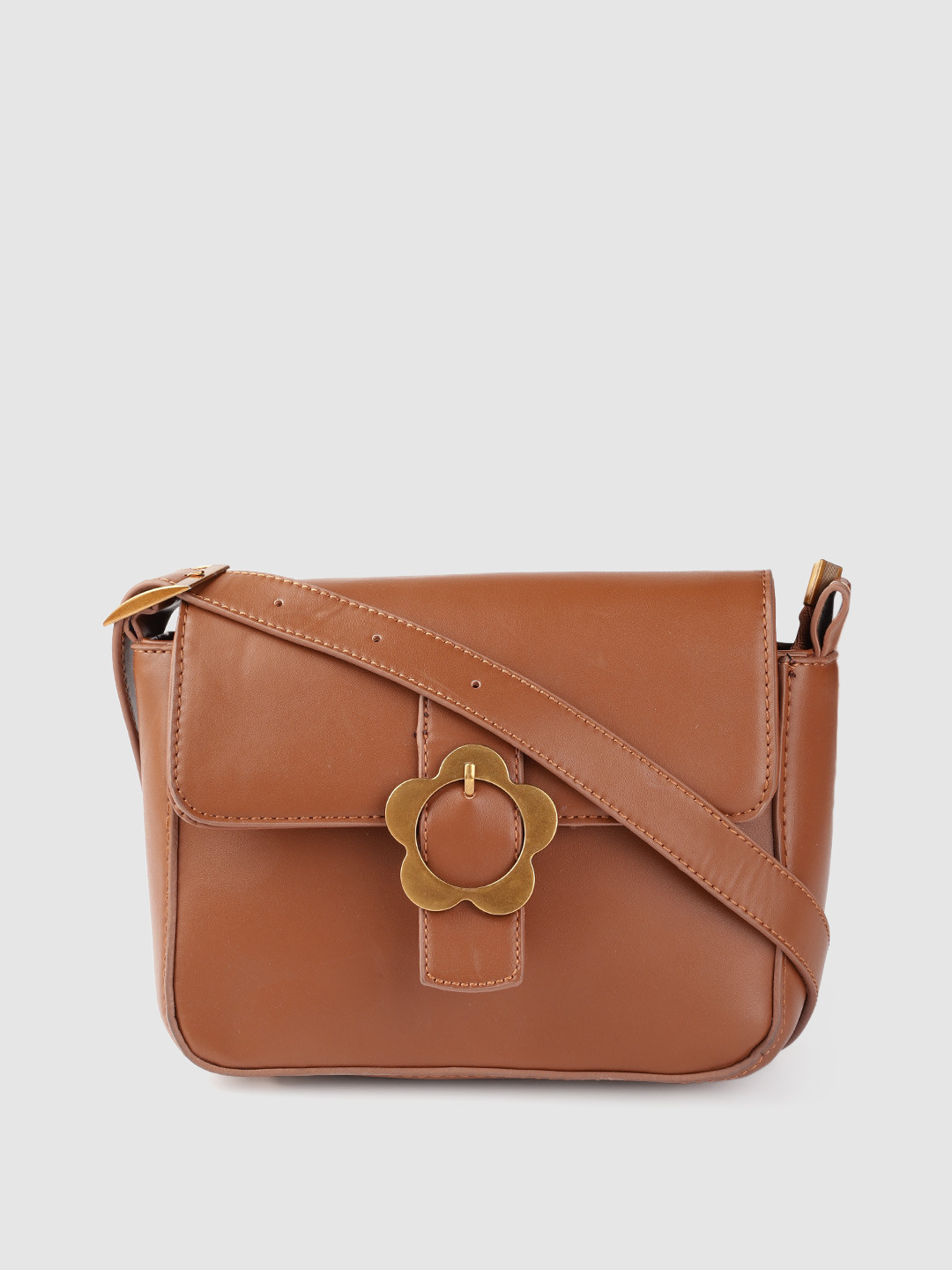 Ladida Tan Brown Solid Structured Sling Bag with Floral Buckle & Detachable Sling Strap