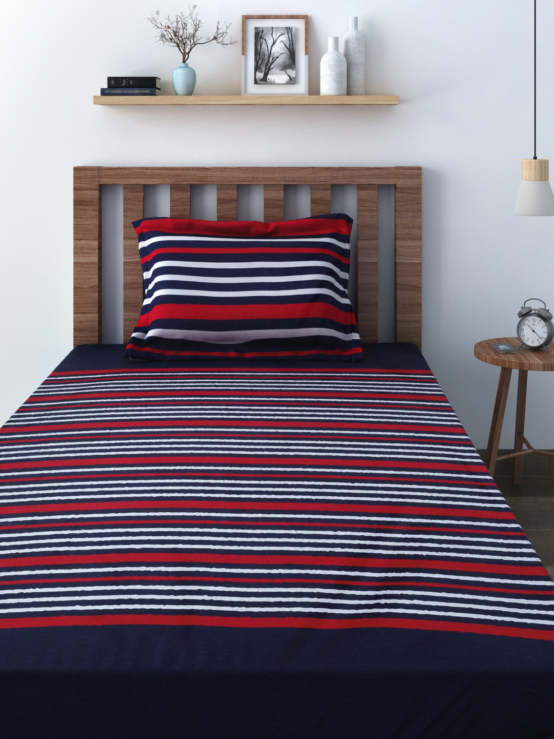 SWAYAM Linea Navy Blue Striped Pure Cotton 240 TC Single Fine Bedsheet with a Pillow Cover-90 x 59 inches