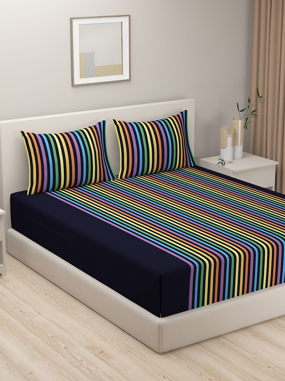 SWAYAM Multicoloured Striped Pure Cotton 180 TC King Fine Bedsheet with 2 Pillow Covers-228 x 274 cm