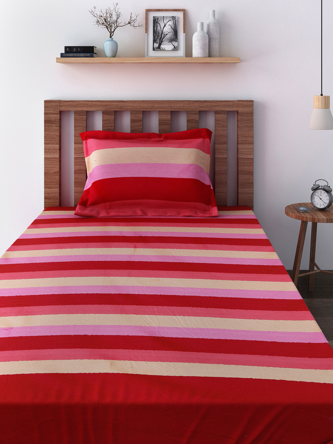 SWAYAM Multicoloured Striped Cotton 164 TC Single Fine Bedsheet with a Pillow Cover-228 x 150 cm