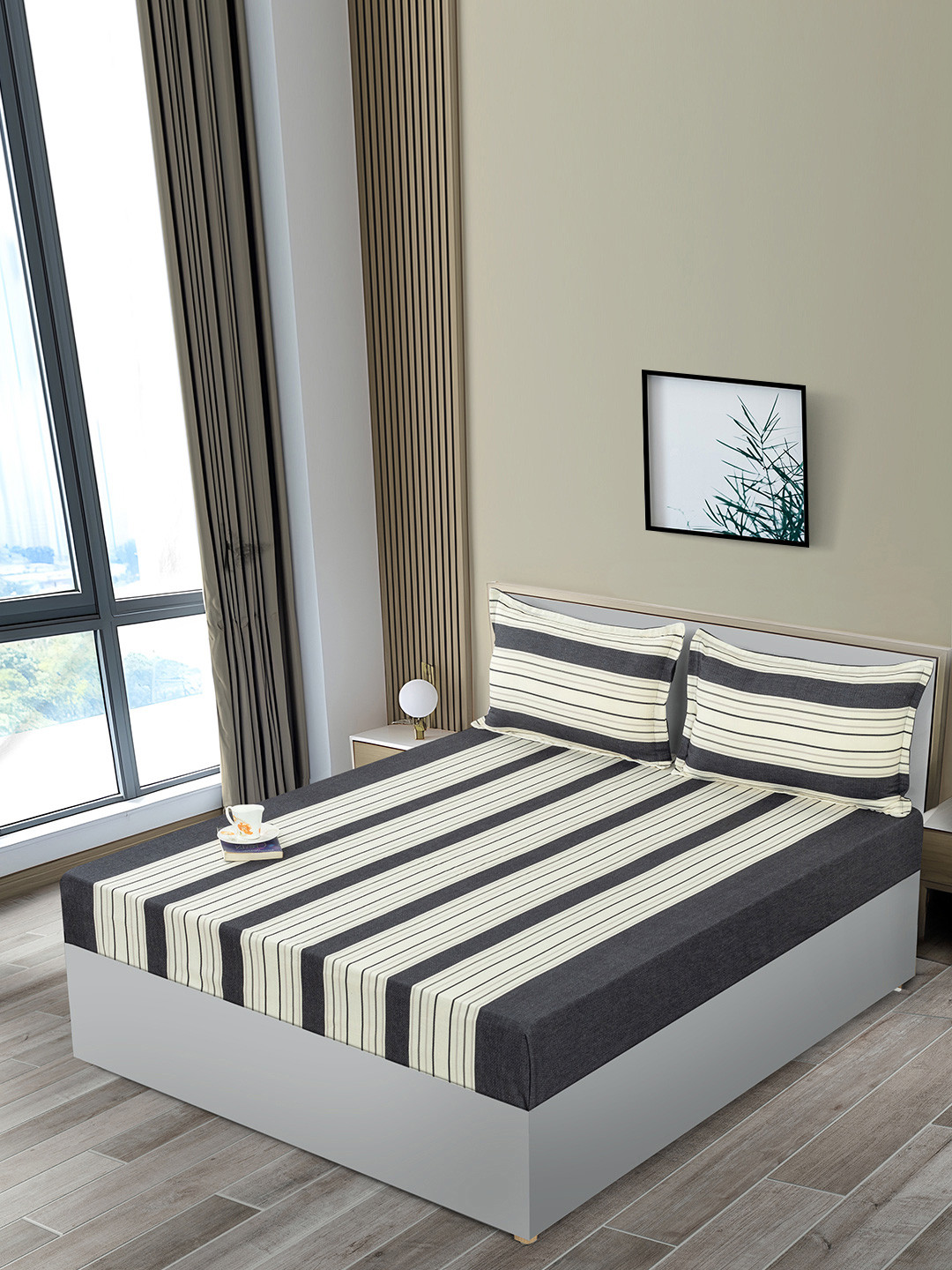 SWAYAM Black Striped Cotton 240 TC King Fine Bedsheet with 2 Pillow Covers-228 x 274 cm