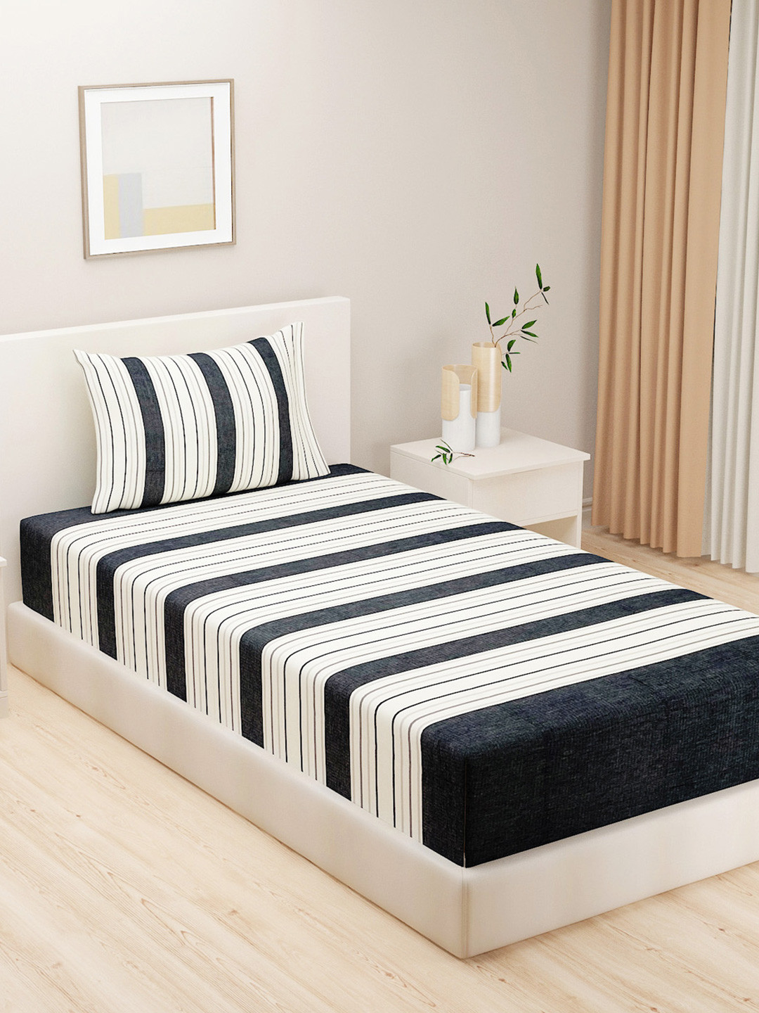 SWAYAM Linea Black Striped Pure Cotton 240 TC Single Fine Bedsheet with a Pillow Cover-90 x 59 inches