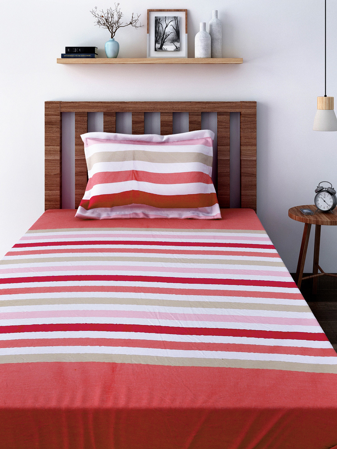 SWAYAM Pink Striped Pure Cotton 180 TC Single Fine Bedsheet with a Pillow Cover-90 x 59 inches