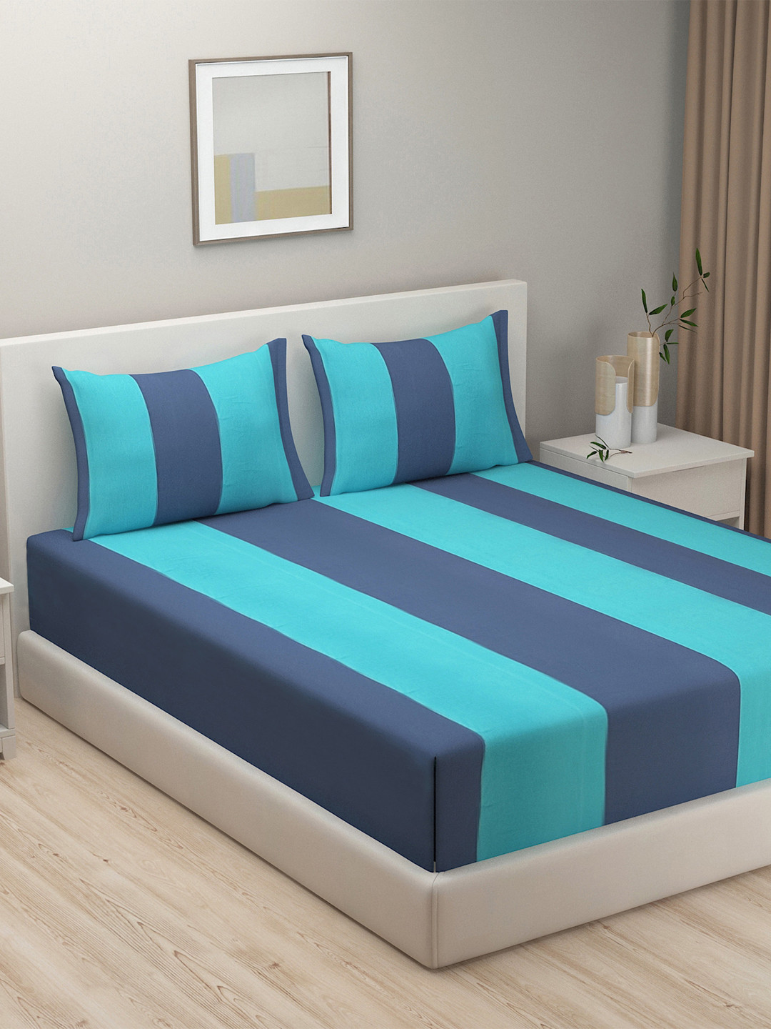 SWAYAM Blue Striped Cotton 240 TC King Fine Bedsheet with 2 Pillow Covers-228 x 274 cm