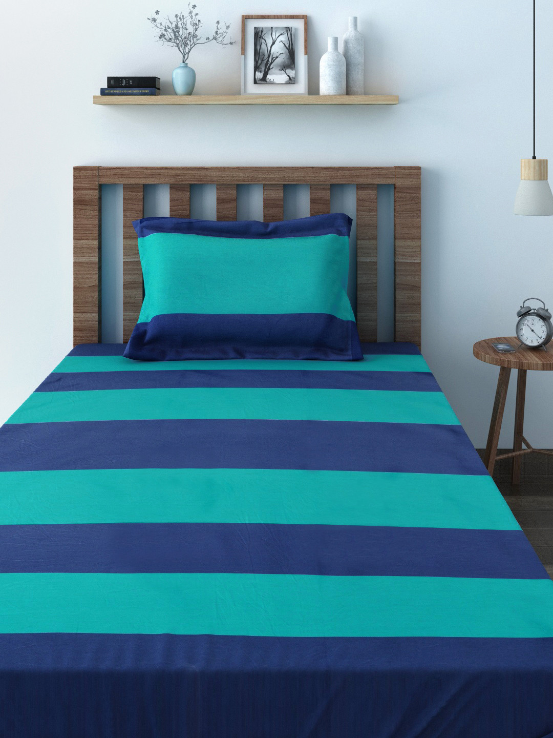 SWAYAM Linea Blue Striped Cotton 240 TC Single Fine Bedsheet with a Pillow Cover-90 x 59 inches