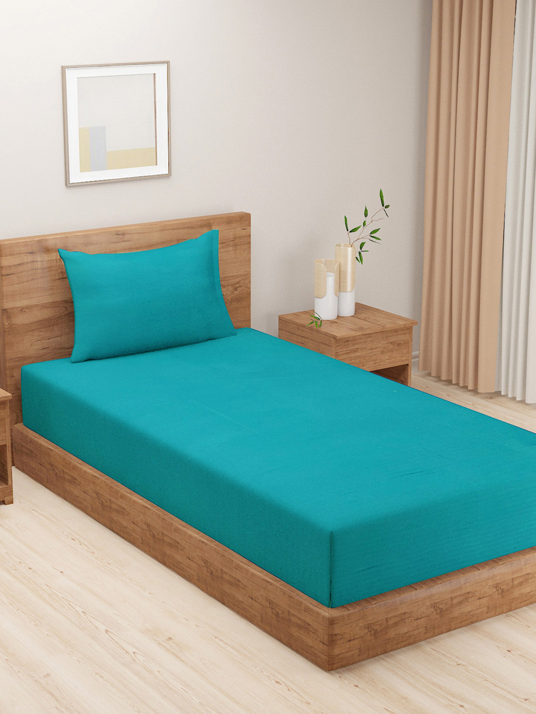 SWAYAM Sonata Blue Pure Cotton 300 TC Single Superfine Bedsheet with a Pillow Cover-87 x 93 inches