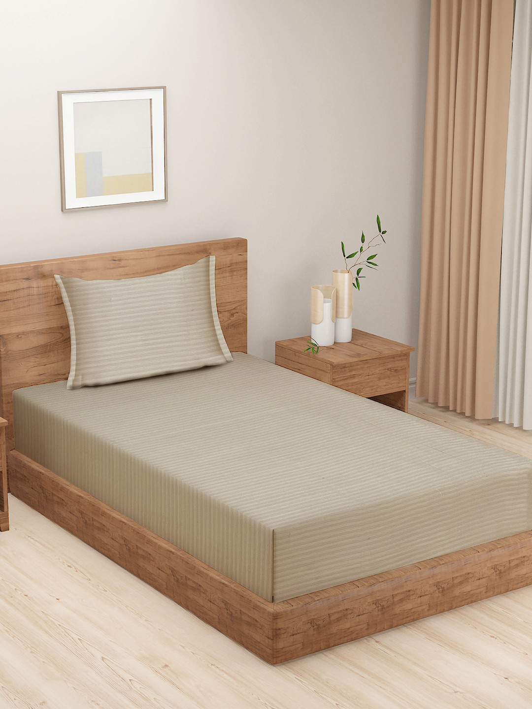 SWAYAM Sonata Beige Striped Pure Cotton 300 TC Single Superfine Bedsheet with a Pillow Cover-90 x 59 inches
