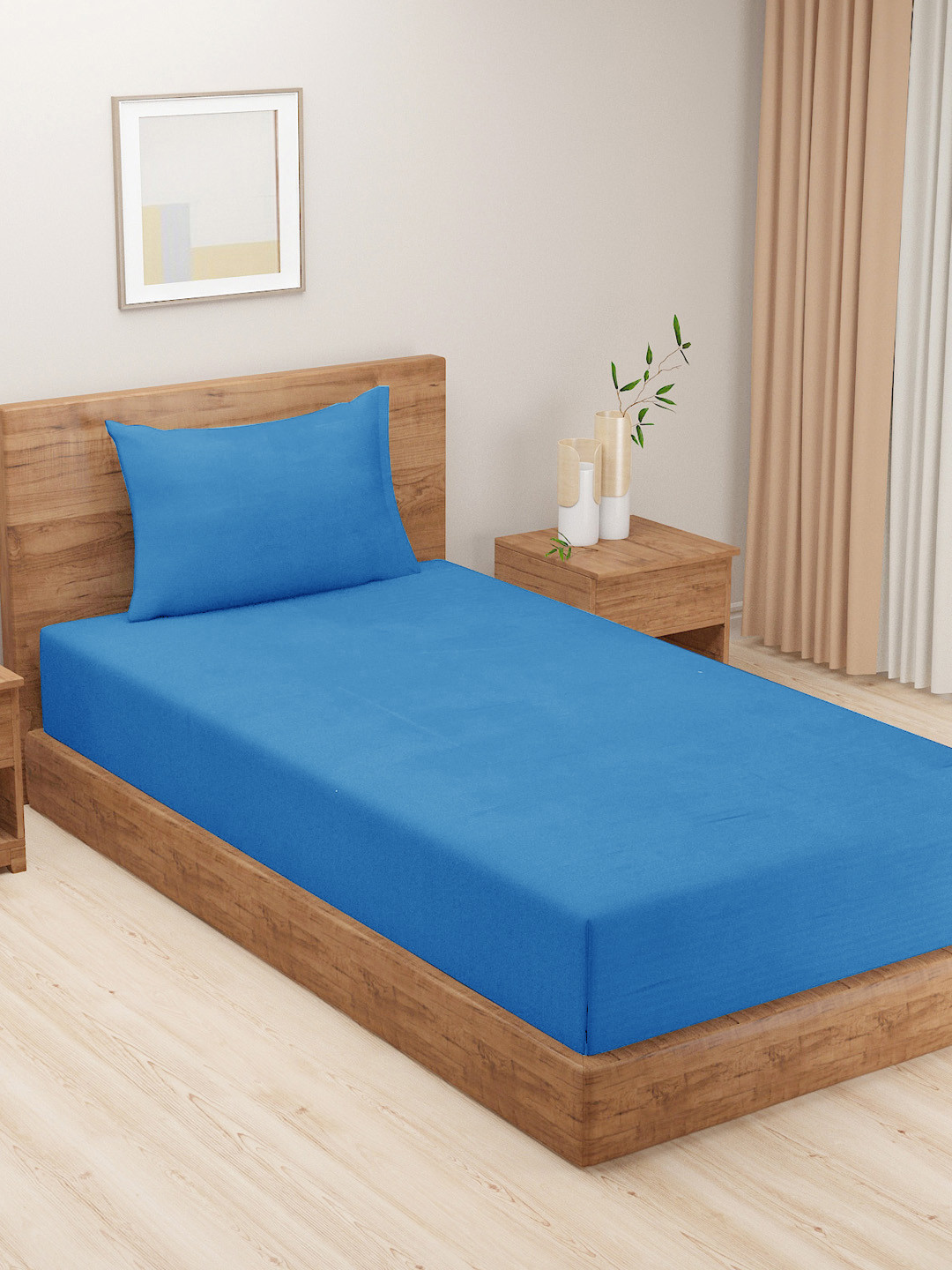 SWAYAM Blue Pure Cotton 300 TC Single Superfine Bedsheet with a Pillow Cover-90 x 59 inches
