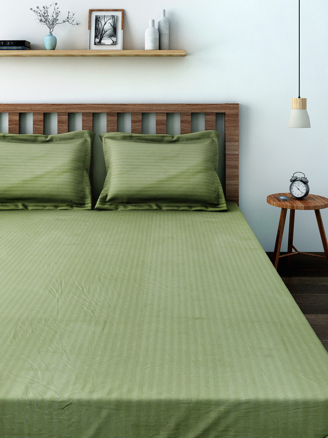 SWAYAM Sonata Green Striped Pure Cotton 300 TC King Superfine Bedsheet with 2 Pillow Covers-90 x 108 inches