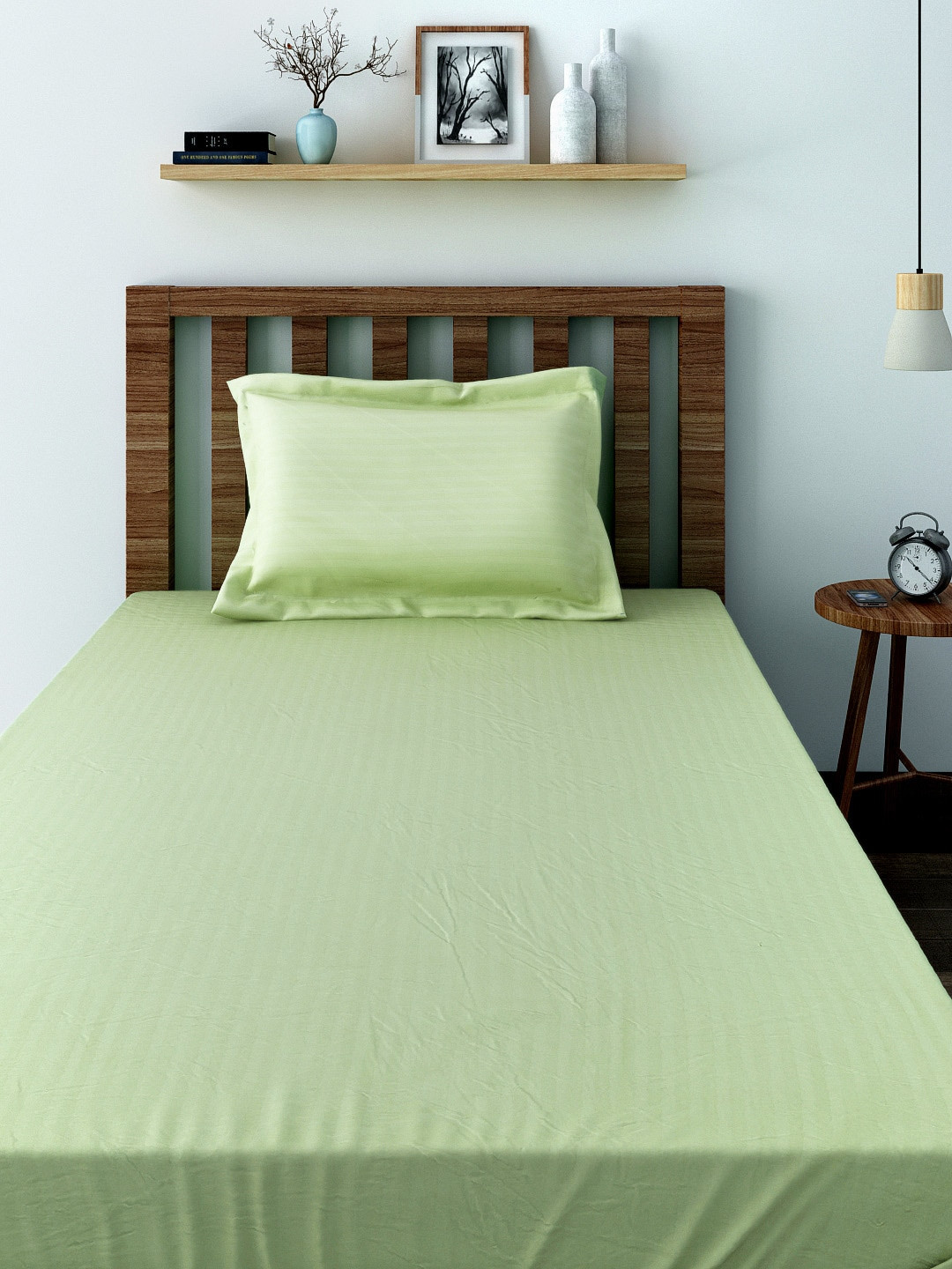 SWAYAM Sonata Green Striped Cotton 300 TC Single Superfine Bedsheet with a Pillow Cover-90 x 59 inches