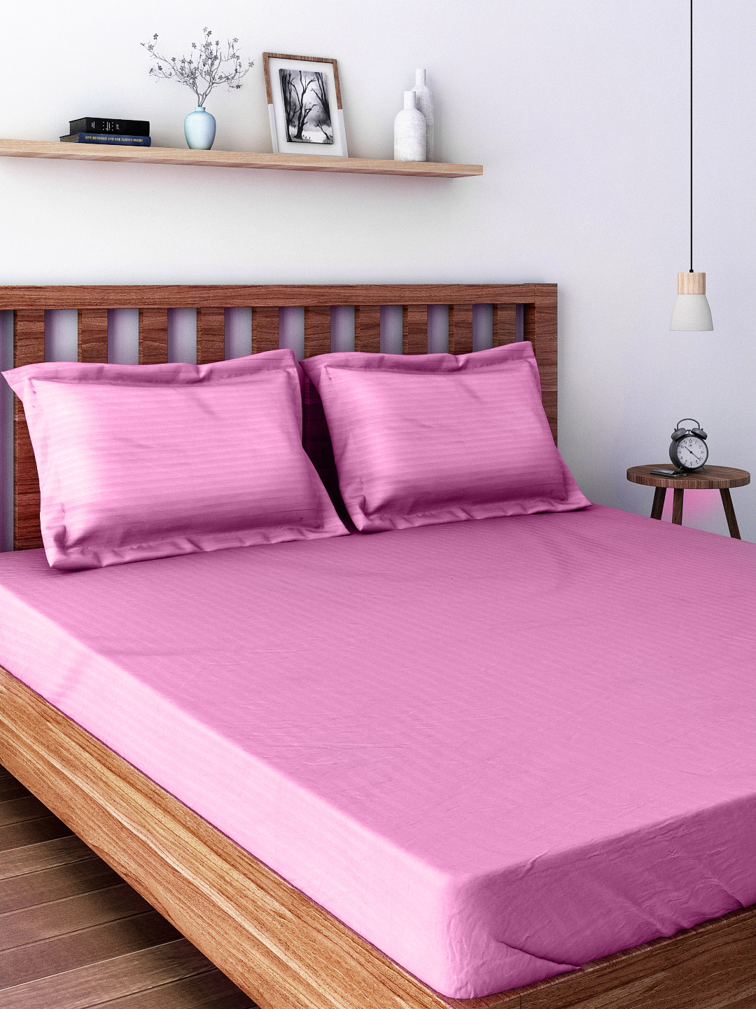 SWAYAM Pink Striped Cotton 200 TC King Superfine Bedsheet with 2 Pillow Covers-90 x 108 inches