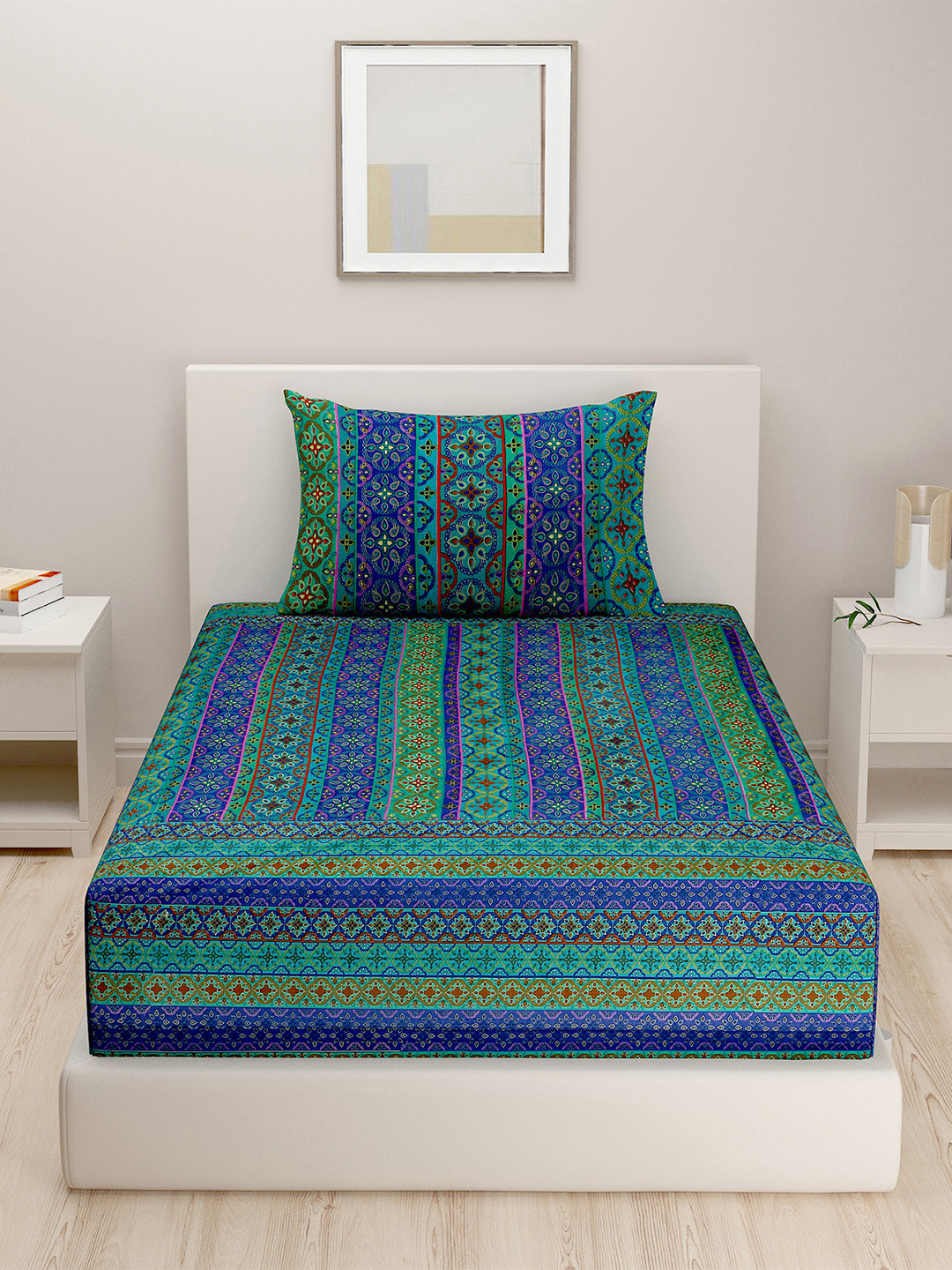 SWAYAM Shades Of Paradise Green Ethnic Motifs Pure Cotton 200 TC Single Fine Bedsheet with a Pillow Cover-90 x 59 inches